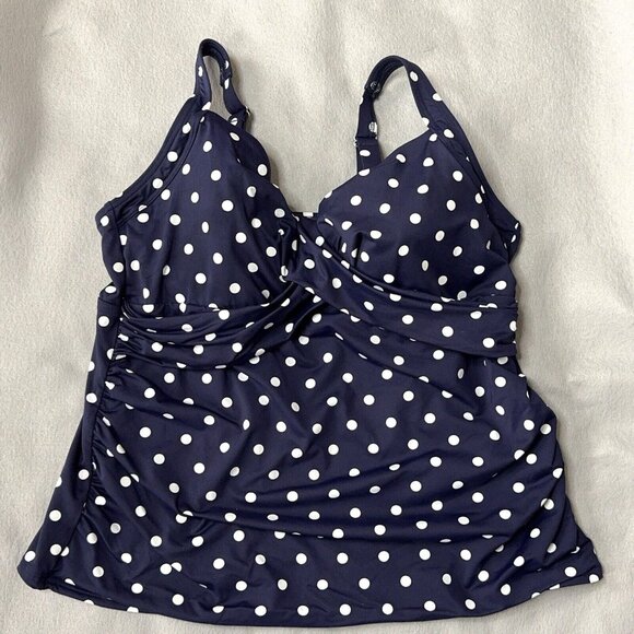 Lands End Tankini Swim Top Plus Size 18W V Neck Wrap Underwire Navy Polka Dot - Picture 7 of 11